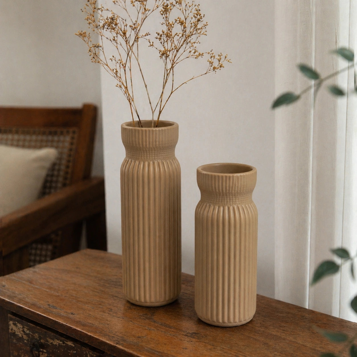 Fine Grooved Vase Set - 2 Pcs (Plastic)